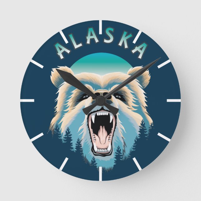 Roaring Grizzly Bear Face - Alaska Wildlife Round Clock (Front)