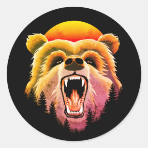 Roaring Grizzly Bear Face Classic Round Sticker