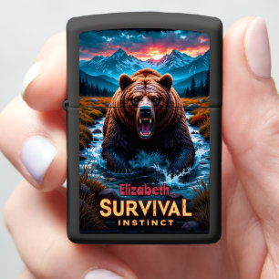 Roaring Grizzly Bear Survival Instinct River Zippo Lighter