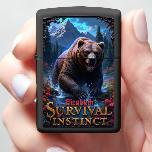 Roaring Grizzly Bear Survival Instinct Wilderness Zippo Lighter (In Hand)