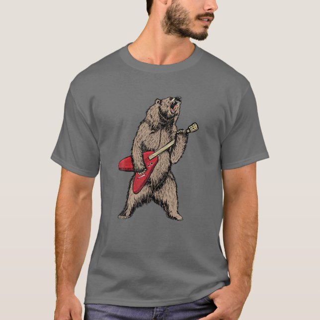 Roaring Grizzly Bear Sweet 80S Electric Guitar Gra T-Shirt (Front)