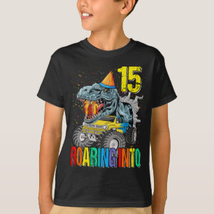 Roaring Into 15th Birthday Monster Truck Dinosaur T-Shirt