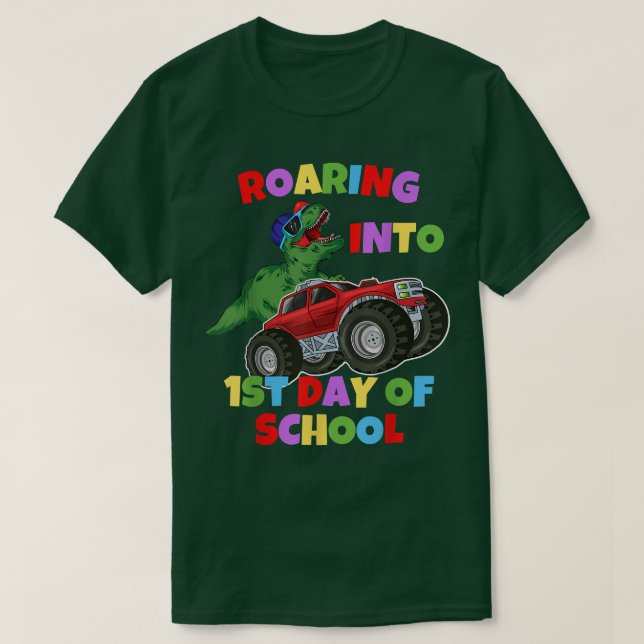 Roaring Into 1st Day Of School Truck Dinosaur T-re T-Shirt (Design Front)