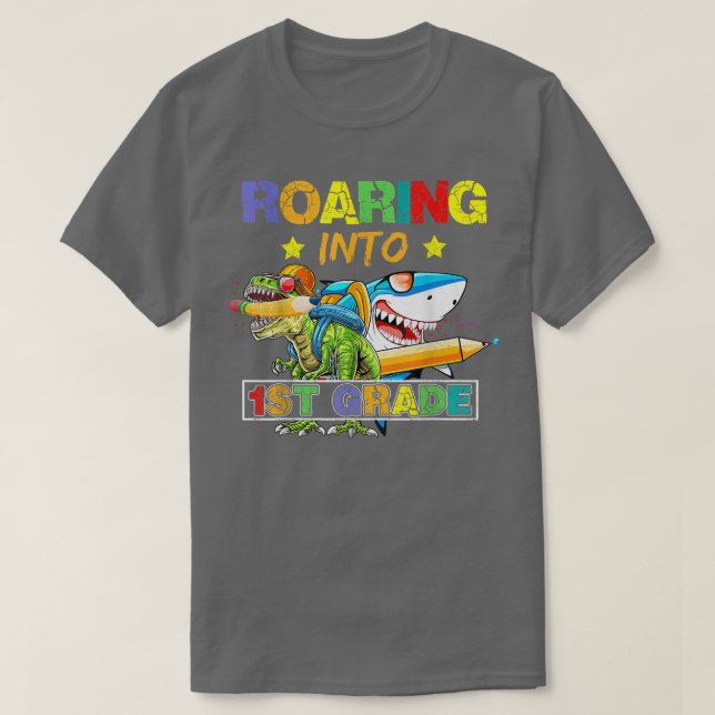 Roaring Into 1st Grade Dinosaur Shark Back to Scho T-Shirt (Design Front)