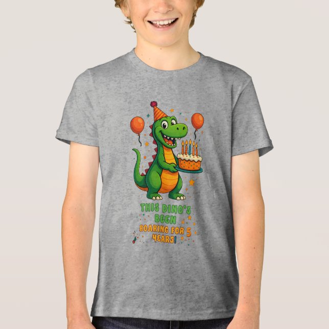 Roaring into 5 – Dino Birthday Design Tri-Blend Shirt (Front)