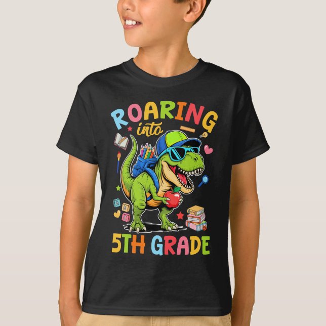 Roaring Into 5th Grade Back To School Boys T-Rex D T-Shirt (Front)