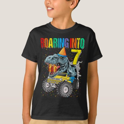 Roaring Into 7th Birthday Monster Truck Dinosaur T_Shirt