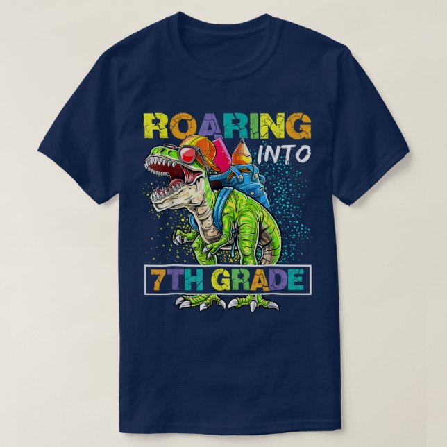Roaring Into 7th Grade Dinosaur T Rex Back To Scho T-Shirt (Design Front)
