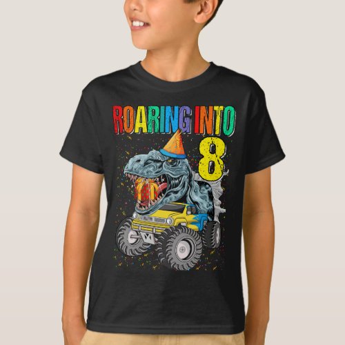 Roaring Into 8th Birthday Monster Truck Dinosaur T_Shirt