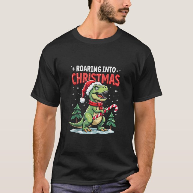 Roaring into Christmas T Rex Santa Hat Candy Cane  T-Shirt (Front)