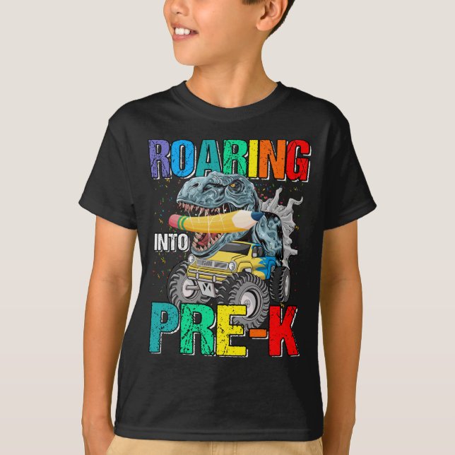 Roaring Into Pre-K Monster Truck Dinosaur Boys  T-Shirt (Front)
