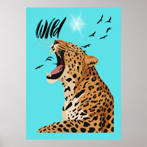 Roaring Leopard Wild Nature Vector Art Poster