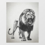 Roaring Lion Black and White Wall Decal<br><div class="desc">This is a black and white illustration of a roaring lion. The lion is depicted in a realistic style, with detailed fur and facial features. Its mouth is open, revealing sharp teeth, conveying a sense of power and aggression. The background is a plain, light color, which helps to emphasize the...</div>