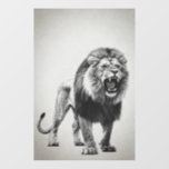 Roaring Lion Black and White Window Cling<br><div class="desc">This is a black and white illustration of a roaring lion. The lion is depicted in a realistic style, with detailed fur and facial features. Its mouth is open, revealing sharp teeth, conveying a sense of power and aggression. The background is a plain, light color, which helps to emphasize the...</div>