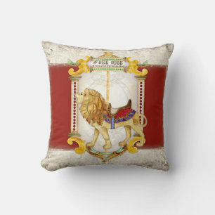 Roaring Lion Brass Ring, Circus Carousel Vintage Throw Pillow