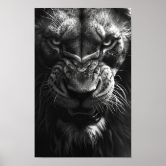 Roaring Lion Front View Photorealistic Black and W Poster