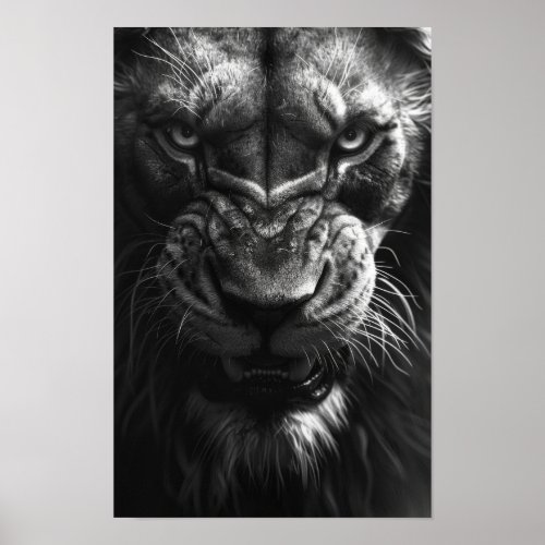 Roaring Lion Front View Photorealistic Black and W