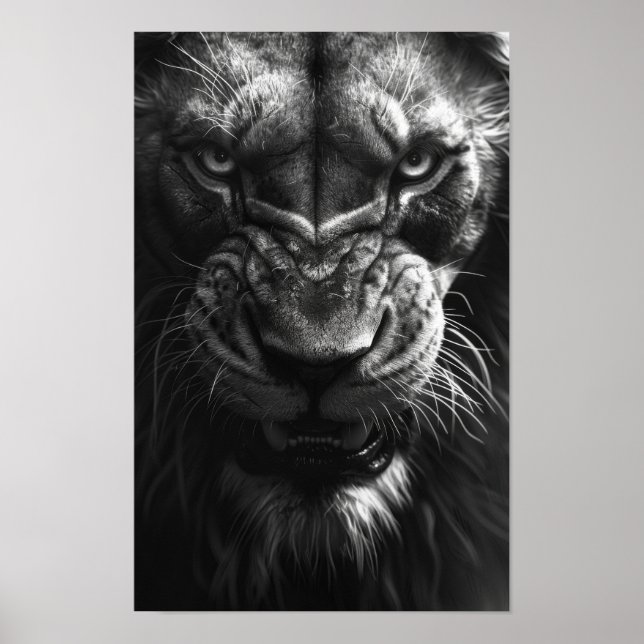 Roaring Lion Front View Photorealistic Black and W Poster (Front)