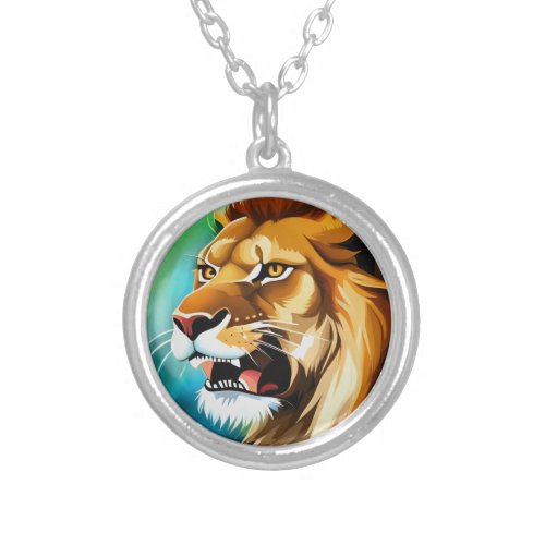 Roaring Lion Side Posed Portrait Silver Plated Necklace