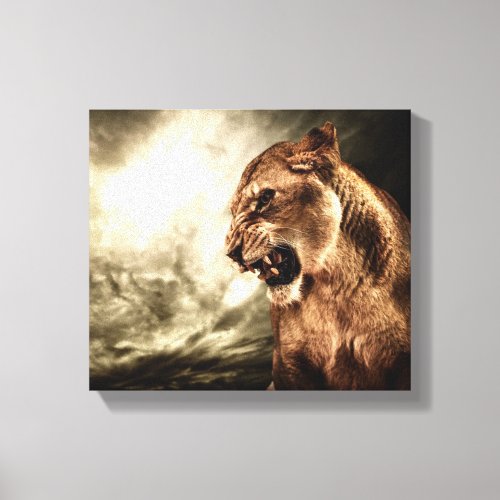 Roaring lioness against stormy sky canvas print