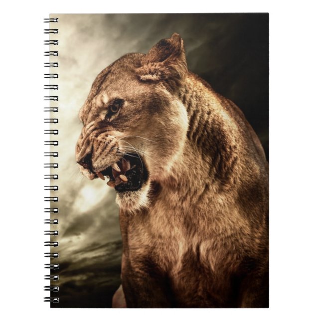 Roaring lioness against stormy sky notebook (Front)