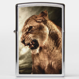 Roaring lioness against stormy sky zippo lighter