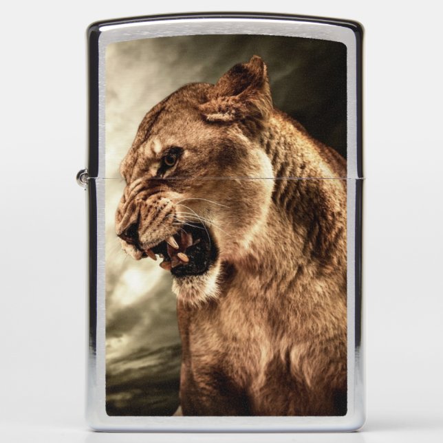 Roaring lioness against stormy sky zippo lighter (Front)