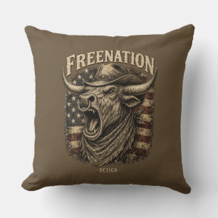 Roaring Longhorn Bull American Flag western Throw Pillow
