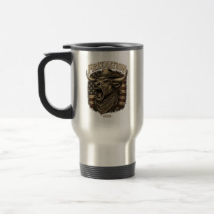 Roaring Longhorn Bull American Flag western Travel Mug