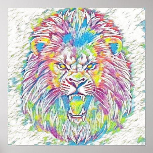 Roaring Pastel Rainbow Lion Art  Poster
