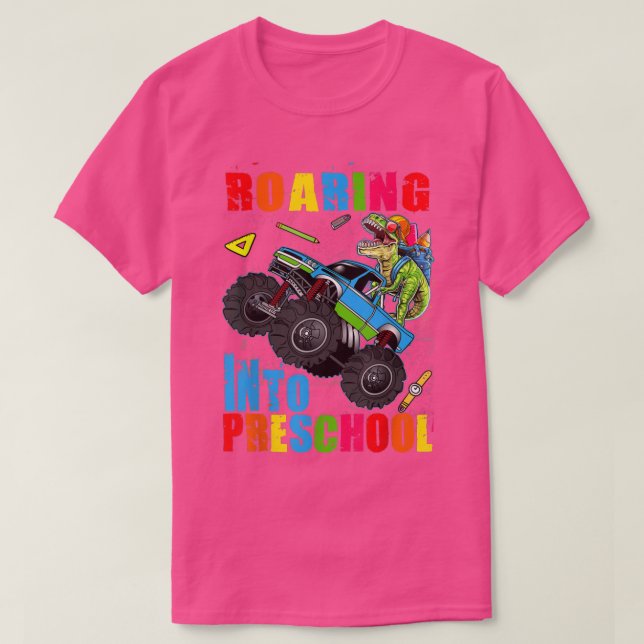 Roaring Preschool Dinosaur Monster Truck Back to S T-Shirt (Design Front)