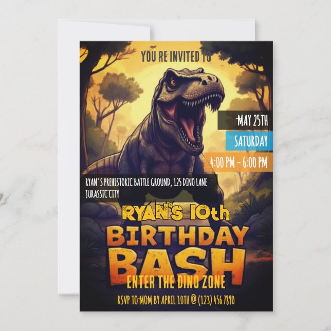 Roaring T Rex Dinosaur Birthday Bash Party Invitation (Front)