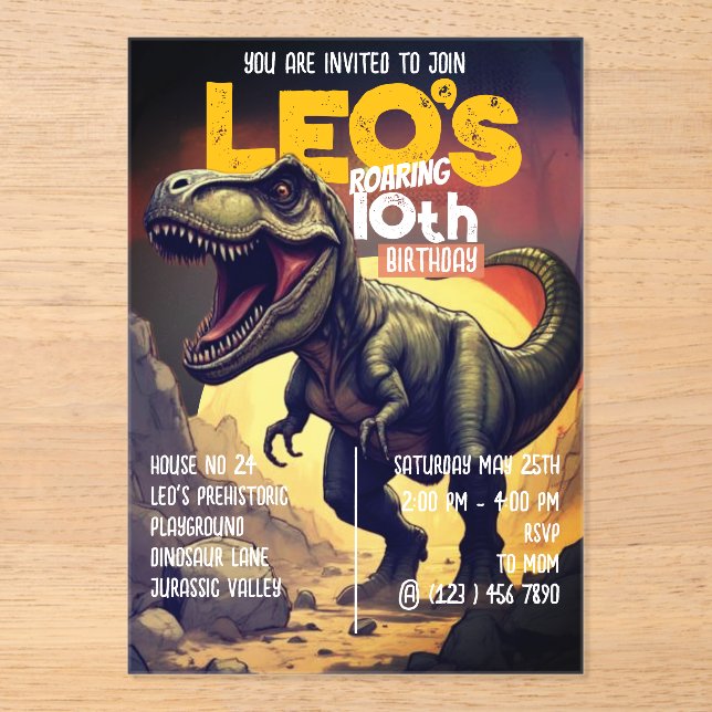 Roaring T Rex Dinosaur Birthday Party Invite Acrylic Invitations (Front)