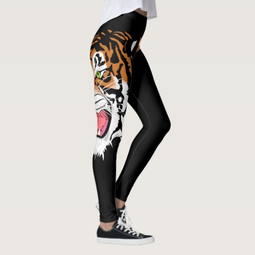 Roaring Tiger Head Print on Black Leggings