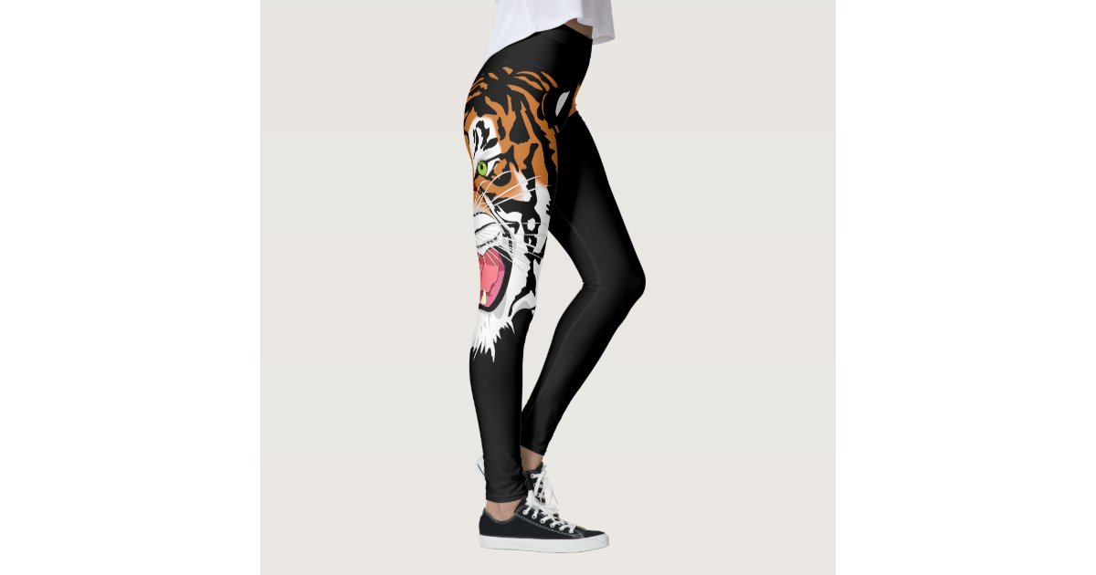 Roaring Tiger Head Print on Black Leggings | Zazzle