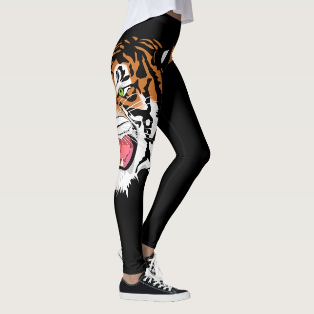 Roaring Tiger Head Print on Black Leggings (Right)