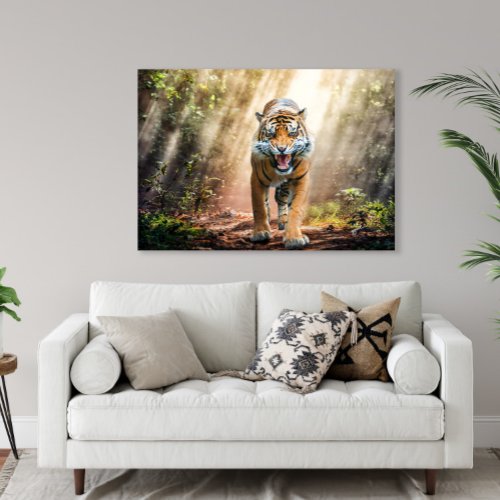 Roaring Tiger in a Backlit Jungle Faux Canvas Print