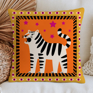 Roaring Tiger in Black& White on Orange Funky Throw Pillow