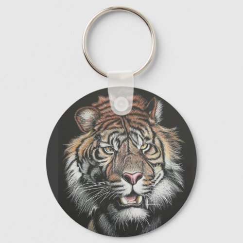 Roaring Tiger in Scratch Board Keychain