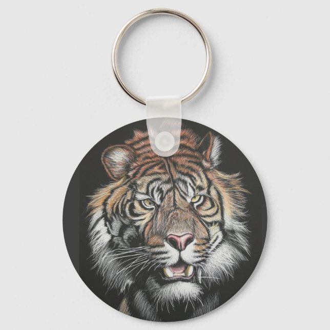 Roaring Tiger in Scratch Board Keychain (Front)