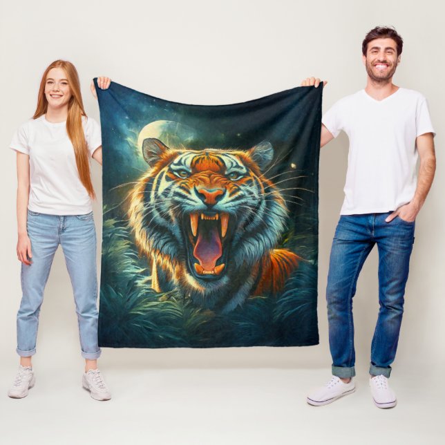 Roaring Tiger Moonlit Jungle Fleece Blanket (In Situ)