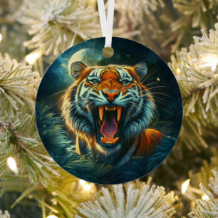 Roaring Tiger Moonlit Jungle Metal Ornament