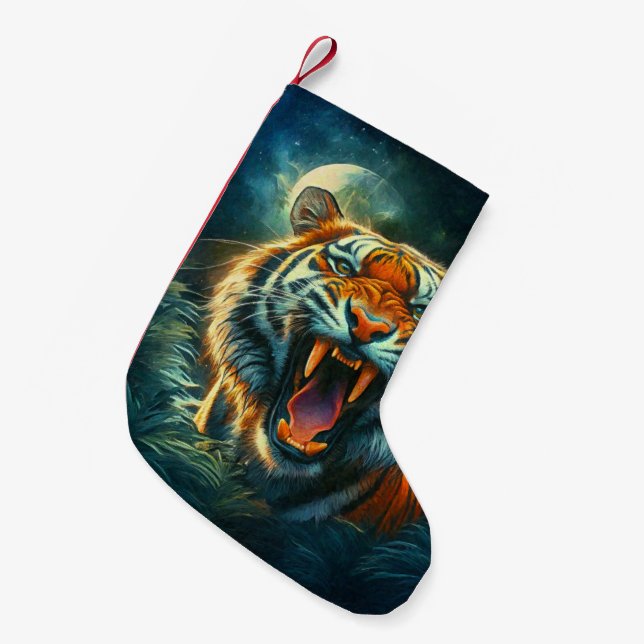Roaring Tiger Moonlit Jungle Small Christmas Stocking (Front (Hanging))
