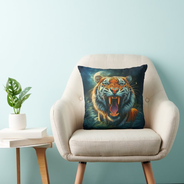 Roaring Tiger Moonlit Jungle Throw Pillow (Chair)