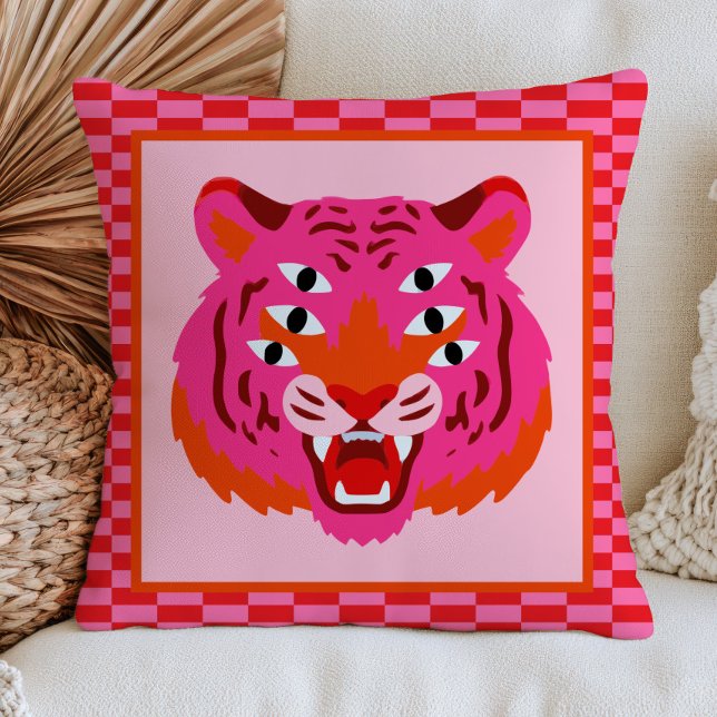 Roaring Tiger on Checkered Pattern Funky Pink Throw Pillow (Creator Uploaded)