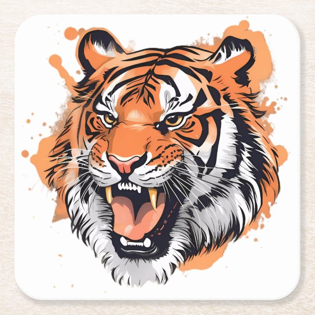 "Roaring Tiger Portrait."  Square Paper Coaster (Front)
