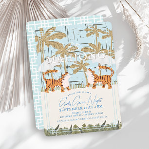 Roaring Tigers Blue Chinoiserie Mahjong Party Invitation