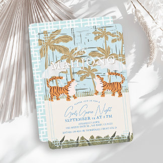 Roaring Tigers Blue Chinoiserie Mahjong Party Invitation