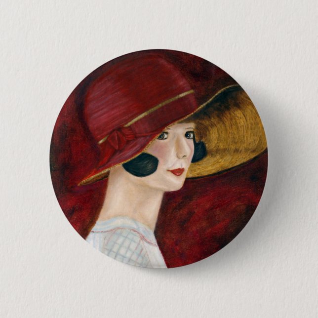 Roaring Twenties 1920s Flapper Girl in Red Hat Button (Front)