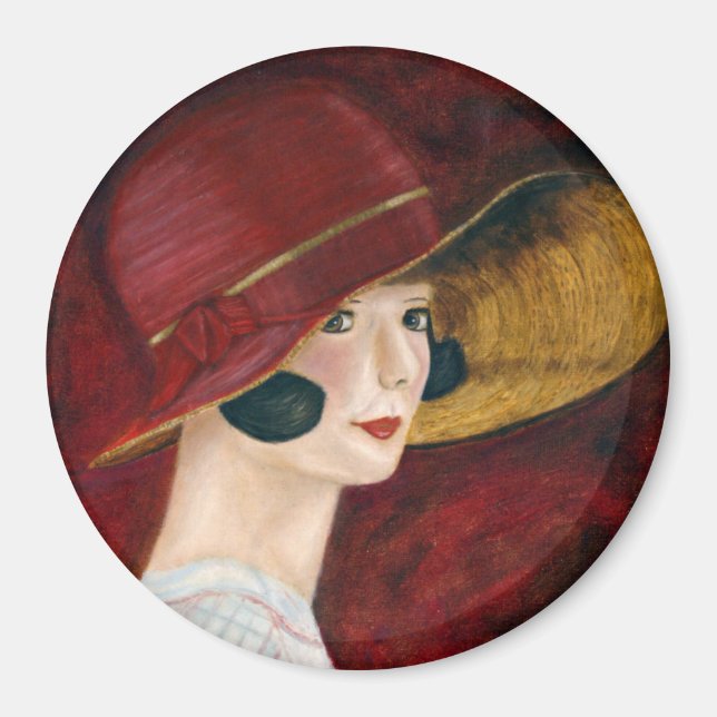 Roaring Twenties 1920s Flapper Girl in Red Hat Magnet (Front)